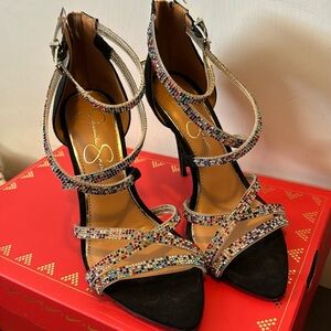 Jessica. Simpson strappy black heels with multi colored jewels